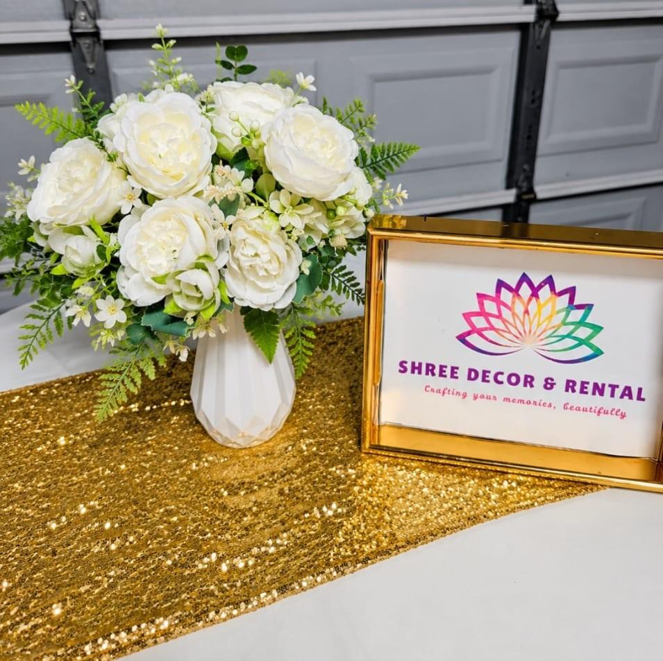 Ivory Elegance - White roses with gold sequin runner