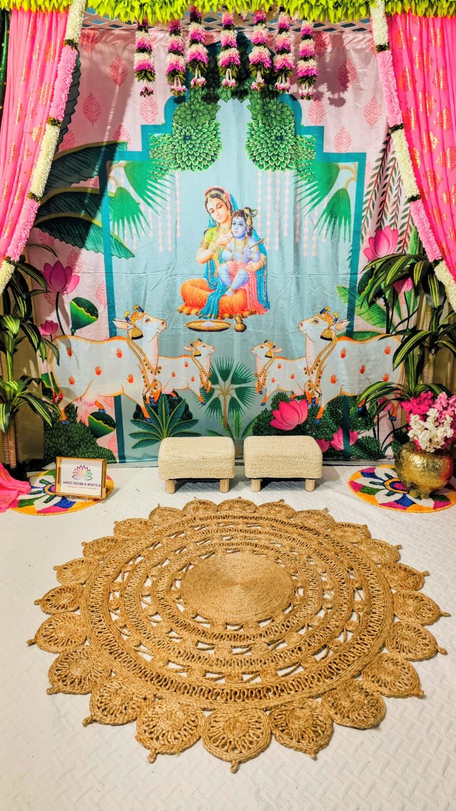 Traditional Krishna Theme Backdrop with Floral Drapes